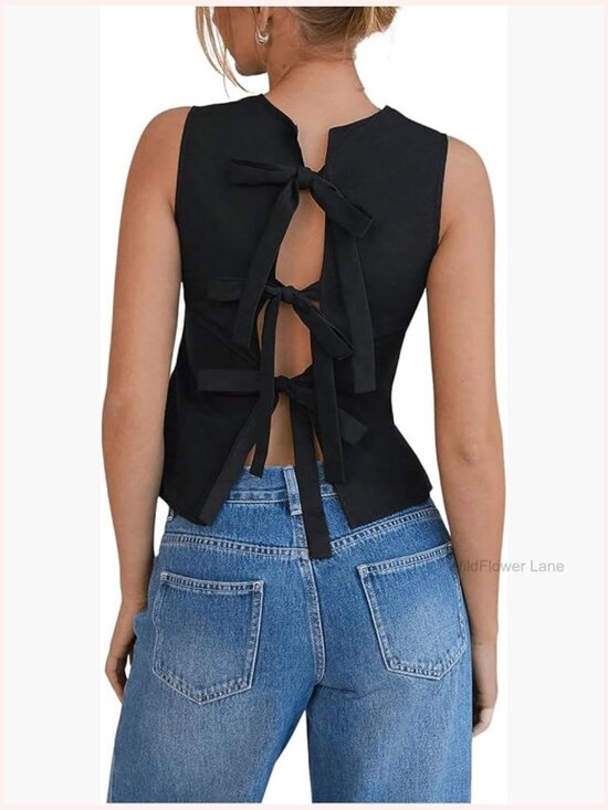 Tops - Crew Neck Sleeveless Tank Top with Bow Tie Back